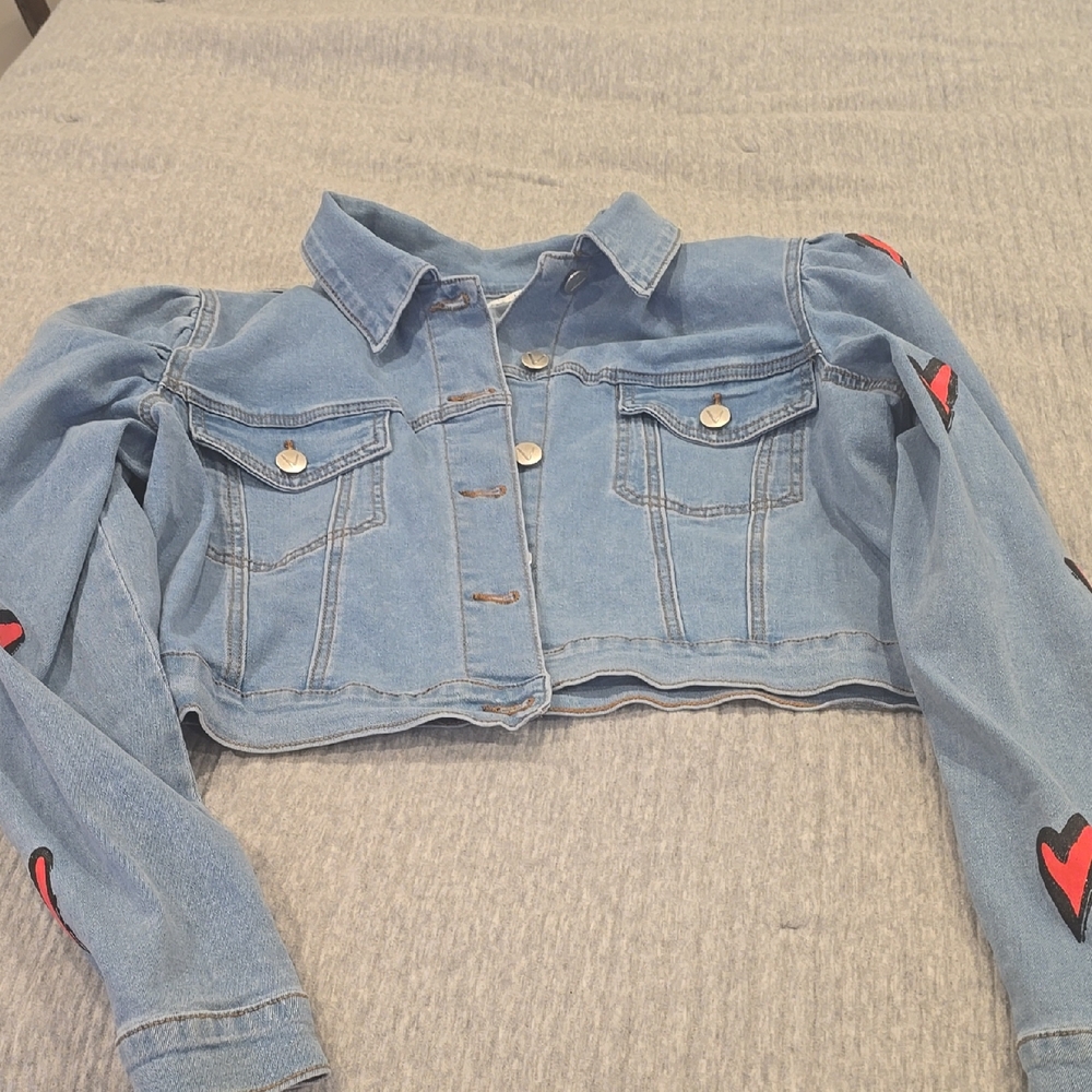 Blue Cropped Denim Jacket with Heart Patches